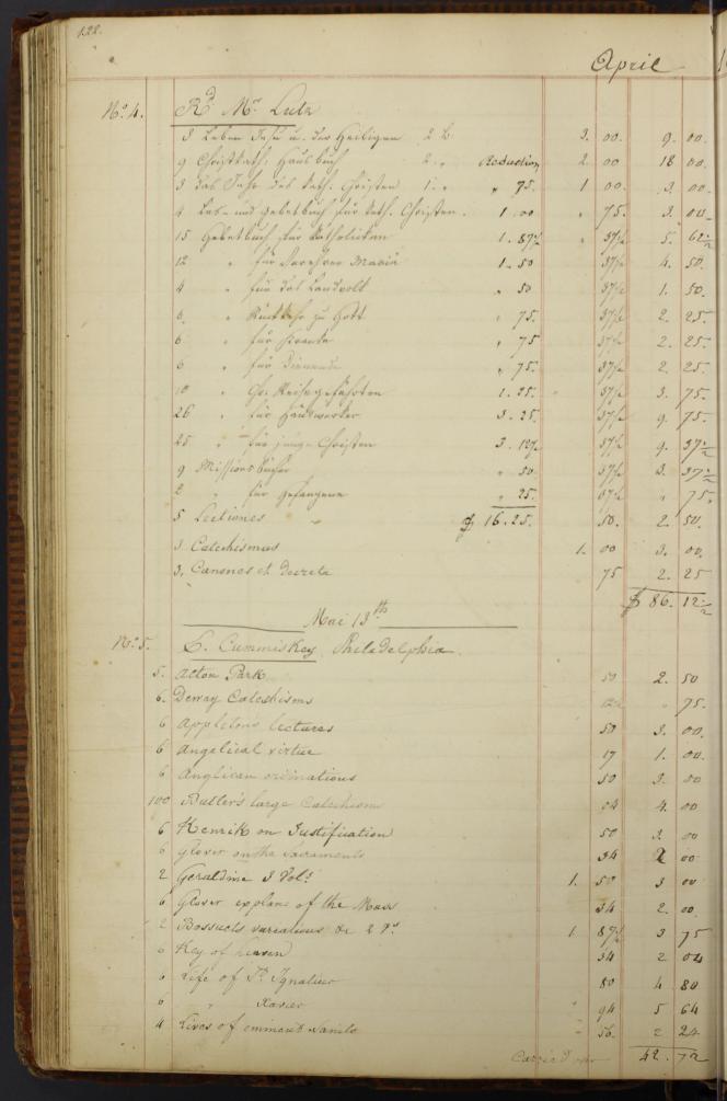 A typical page in the ledger, this specific one showing the order from Fr. Lutz. (Collection of St. Louis University)