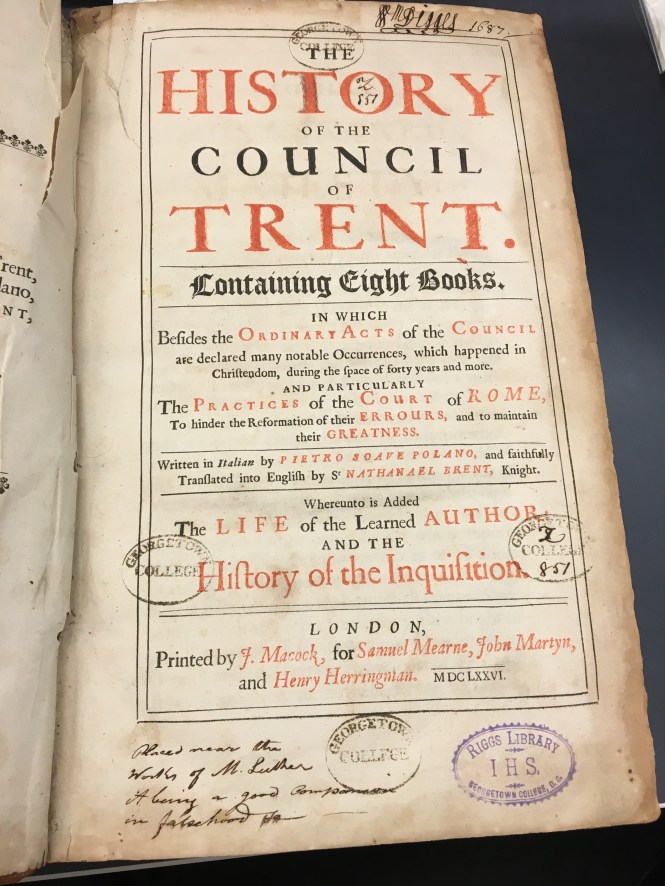 1676 edition of Paolo Sarpi's History of the Council of Trent with some handwritten advice about where the book should be shelved!