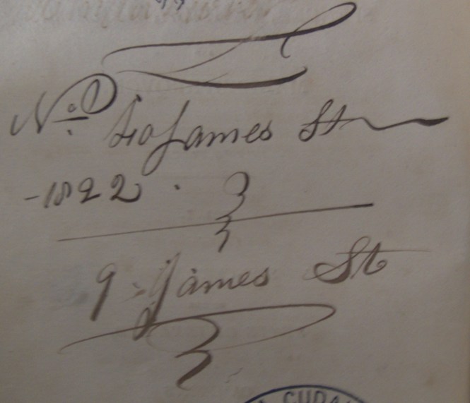 Inscription on the flyleaf of Loyola's copy of Ware's Ancient Irish Histories. It looks like an address, but where?