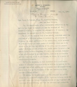 Letter to Fr. Dumbach requesting a Law School, page 1 date original: January 13, 1906 date digital: May 2016 Loyola University Chicago Archives and Special Collections. Vice President's Diary of St. Ignatius College. page 171-172. Scanned at 600 dpi color