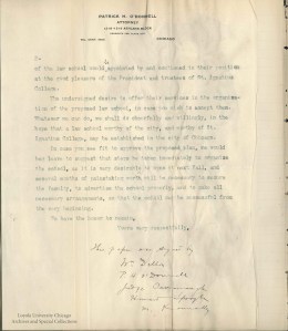 Letter to Fr. Dumbach requesting a Law School, page 2 date original: January 13, 1906 date digital: May 2016 Loyola University Chicago Archives and Special Collections. Vice President's Diary of St. Ignatius College. page 171-172. Scanned at 600 dpi color