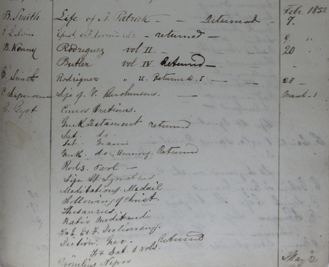 Borrowing list from 1852. Collection of Jesuit Archives, Central United States