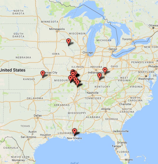 A map of 47 of the 1849 purchases showing their relative locations, largely centered around St. Louis.